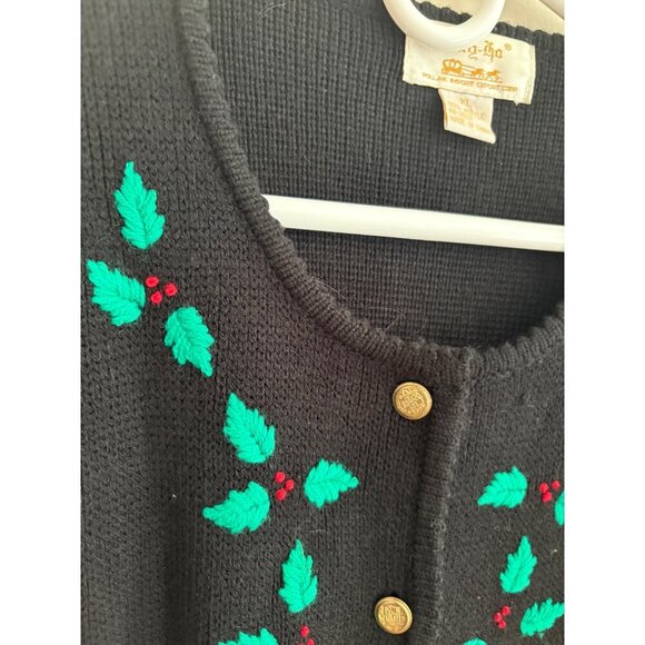Vintage Tally-Ho Black Holly Embroidered Christmas Cardigan Sweater Women's XL - Picture 5 of 13